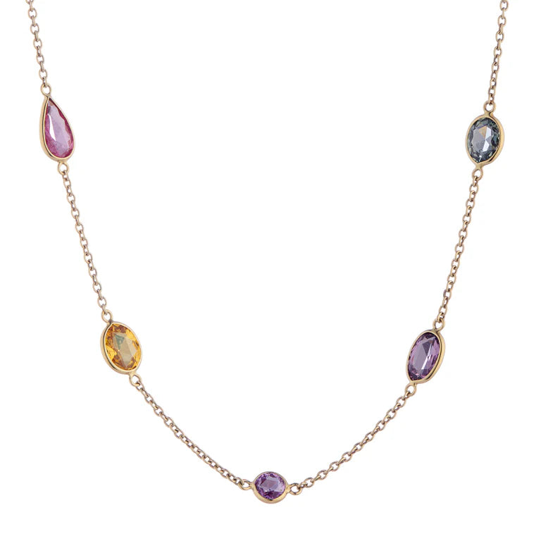 yellow gold spectacle necklace with fourteen fancy colour and fancy shape sapphires by Deakin & Francis at EB London