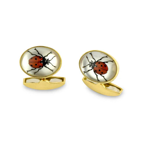 18ct Yellow Gold Hand-Painted Rock Crystal Ladybird Cufflinks - Deakin & Francis