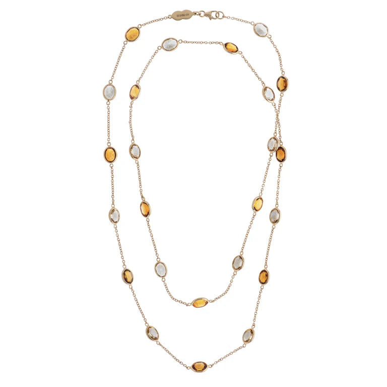18ct yellow gold spectacle necklace with light and dark citrine gemstones by Deakin & Francis at EB London