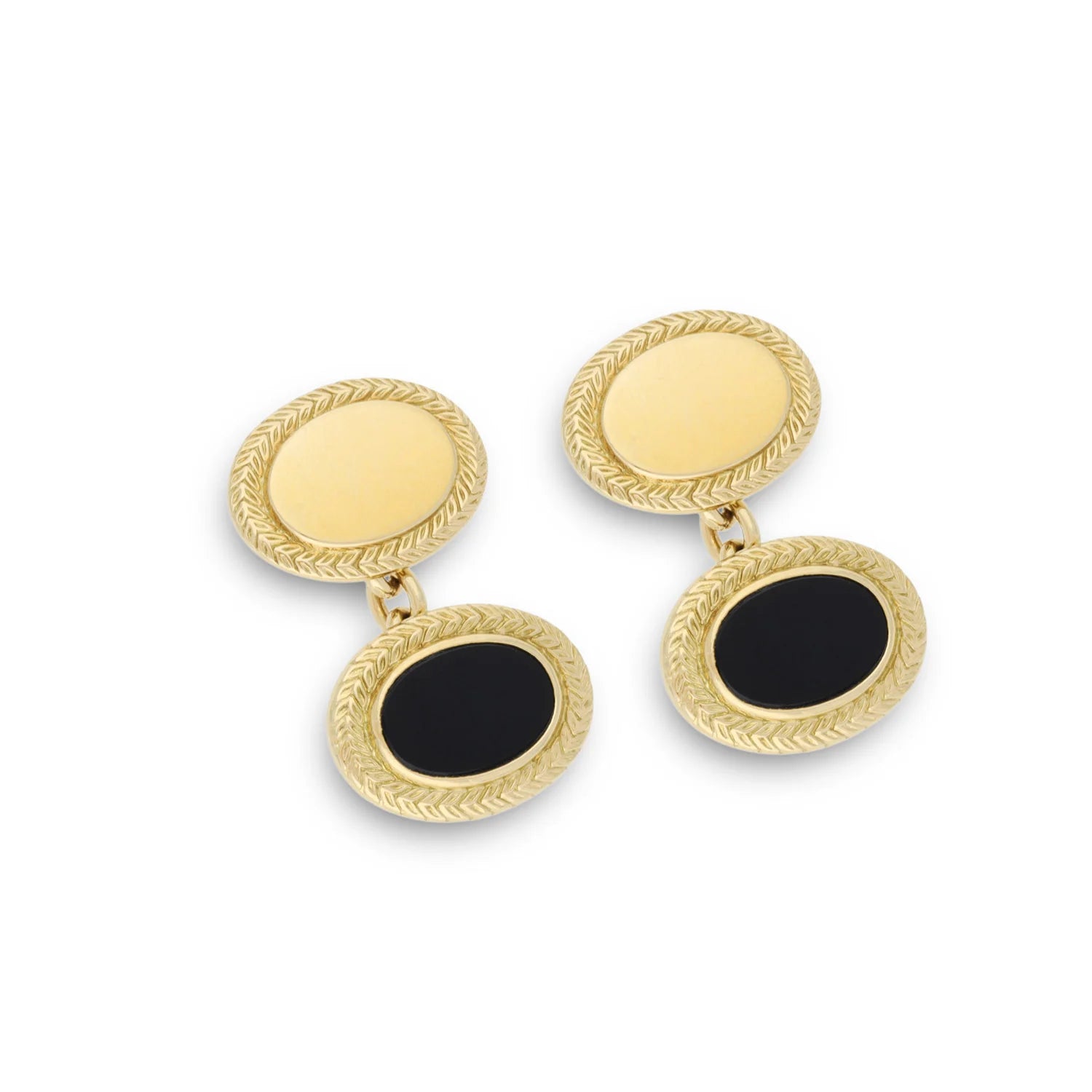 18ct Yellow Gold Onyx and Wreath Border Chain Link Cufflinks - EB London