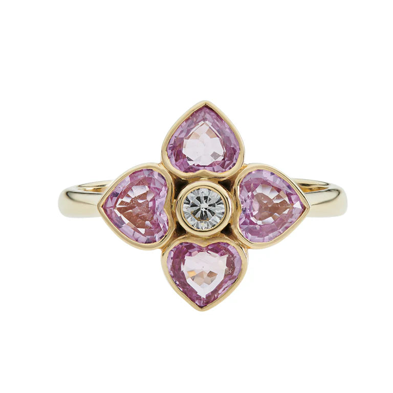 18ct yellow gold cluster ring with four heart-shaped pink sapphires and central diamond by Deakin & Francis at EB London