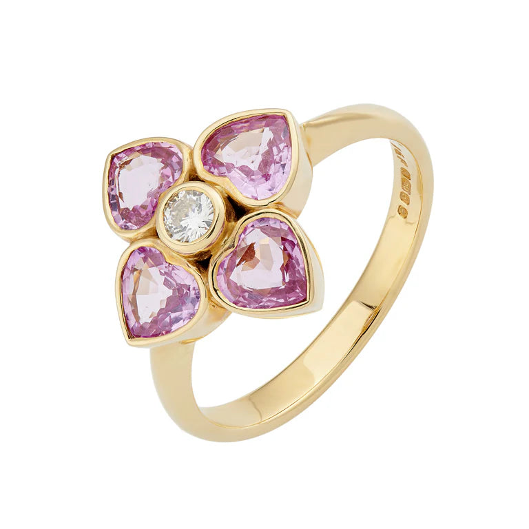 yellow gold cluster ring with four heart-shaped pink sapphires and central diamond by Deakin & Francis at EB London