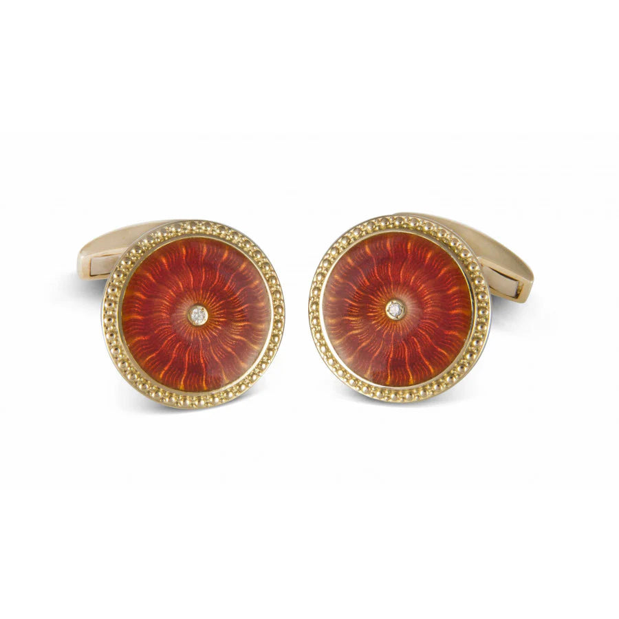 18ct Yellow Gold Round Cufflinks with Orange Enamel & Diamond Centre - Deakin & Francis - EB London
