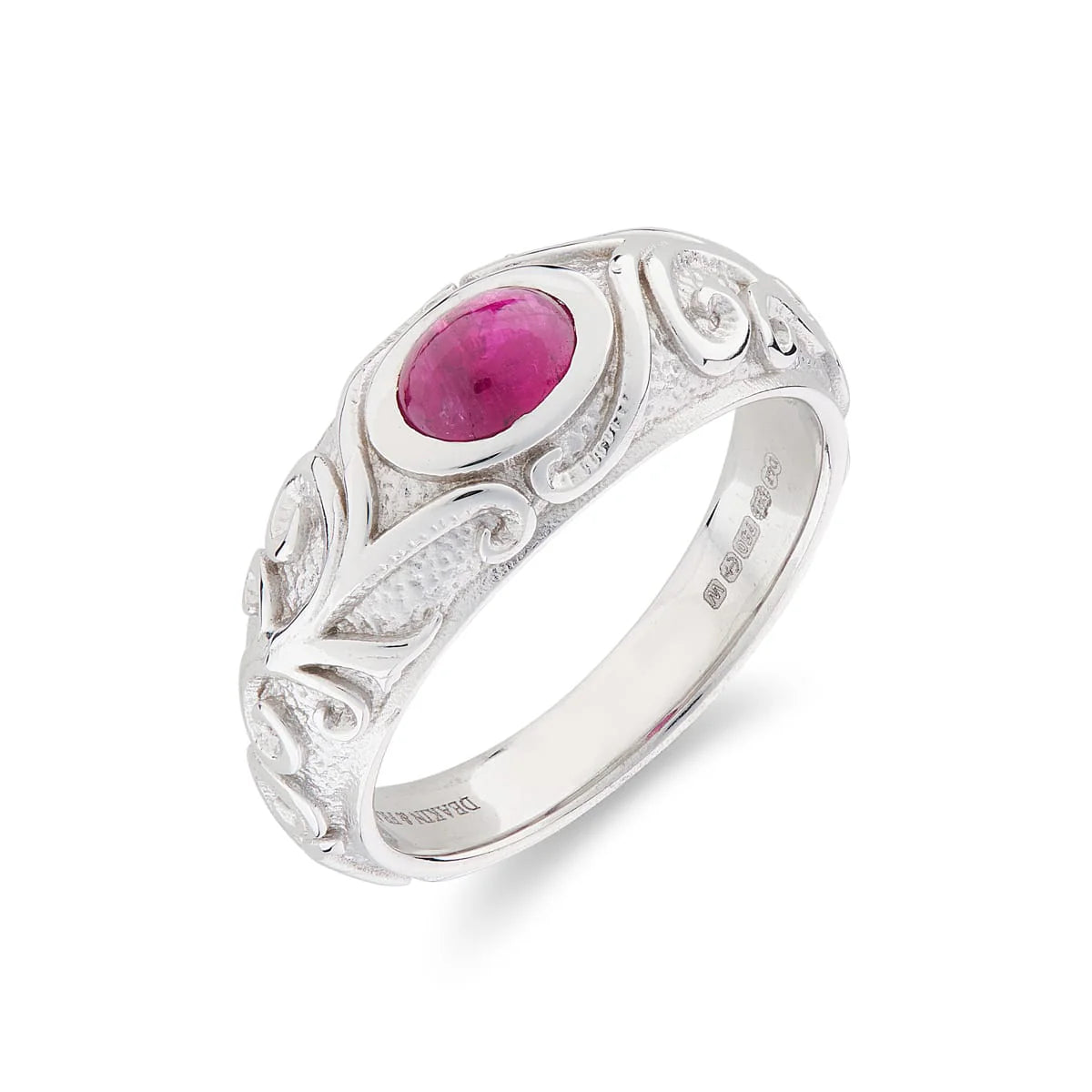white gold gypsy ring with cabochon ruby and scrolling shoulders by Deakin & Francis at EB London