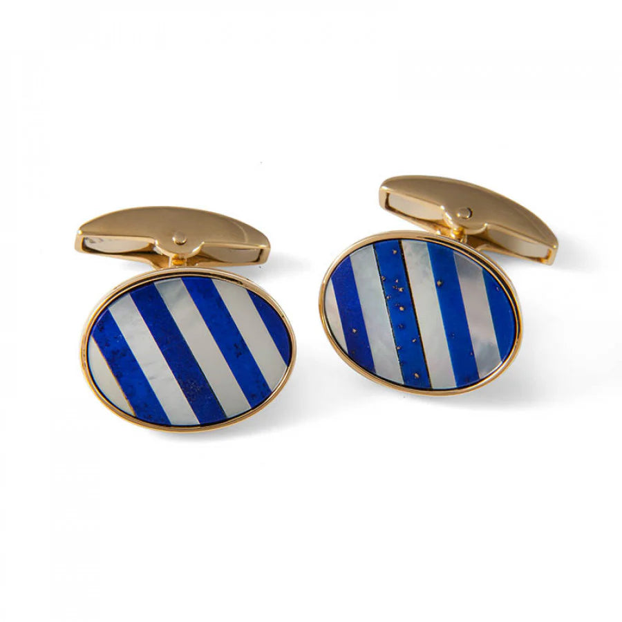 18ct Yellow Gold Striped Cufflinks with Mother-of-Pearl & Lapis Lazuli - Deakin & Francis - EB London