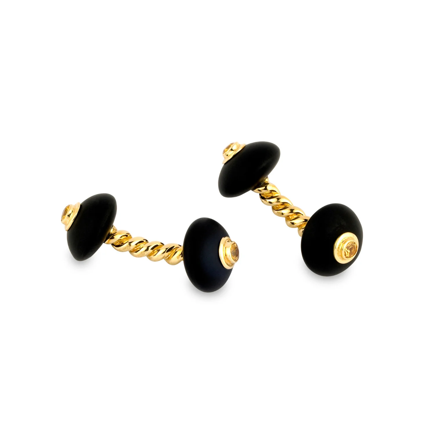 18ct Gold Twisted Bar Cufflinks with Onyx & Yellow Sapphire Ends - Deakin & Francis - EB London