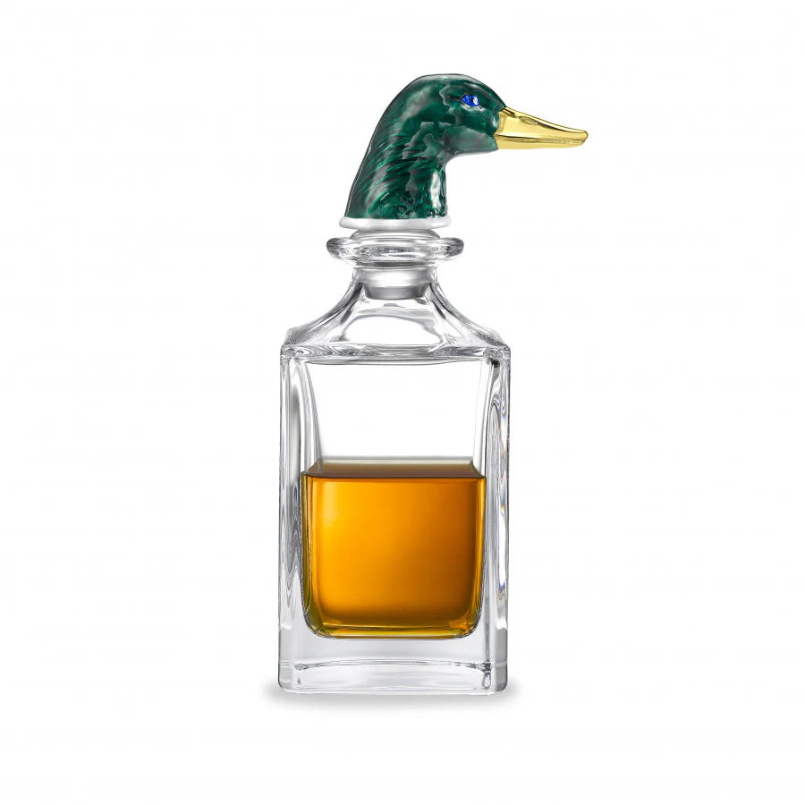 glass decanter with hand-enamelled green duck head stopper by Deakin & Francis at EB London