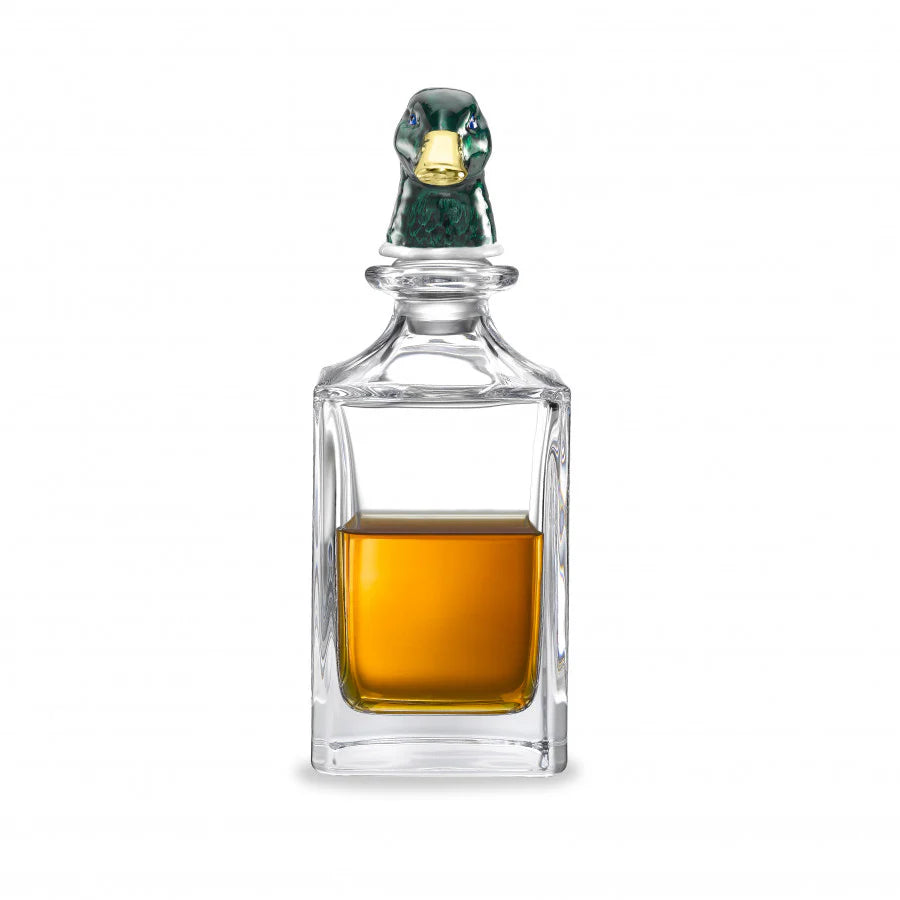 Crystal glass decanter with hand-enamelled green duck head stopper by Deakin & Francis at EB London