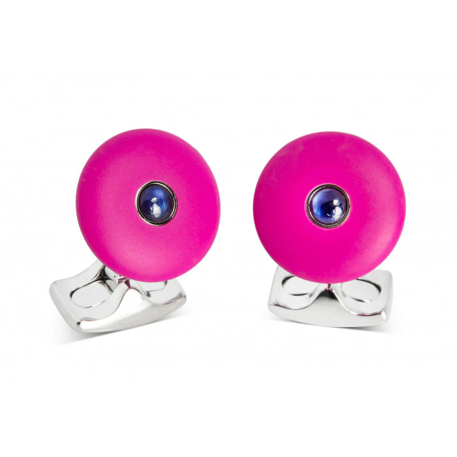 Hot pink round cufflinks with sapphire centre and cold cure enamel by Deakin & Francis at EB London