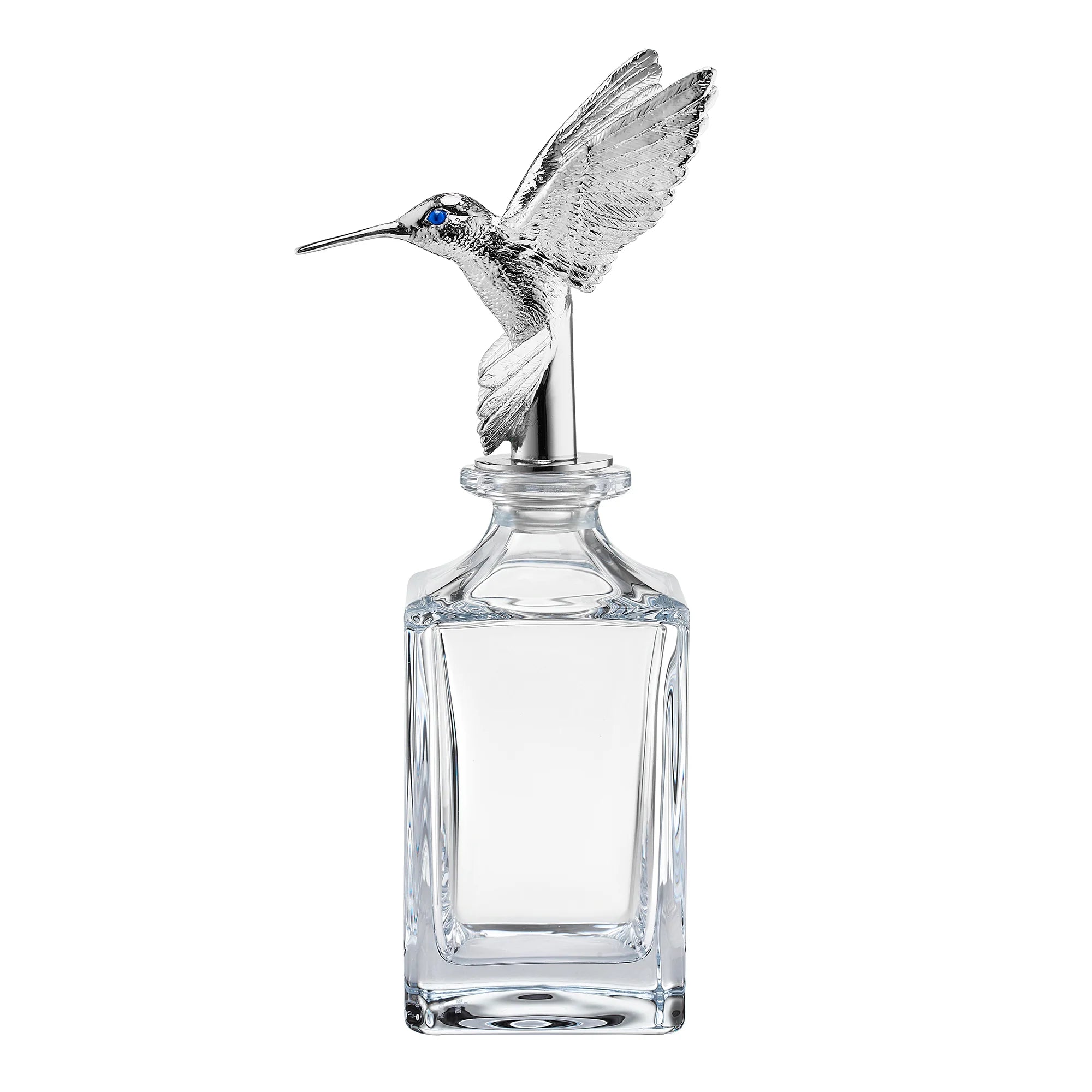 Deakin & Francis crystal glass decanter metal-plated hummingbird stopper and hand-enamelled eyes, Dartington glass with Birmingham-made stopper, available at EB London