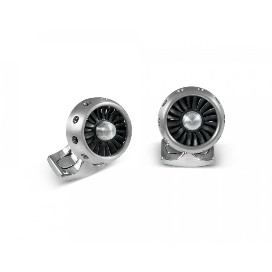 Brushed aluminium jet turbine engine cufflinks with nose cone and spinning blades by Deakin & Francis at EB London