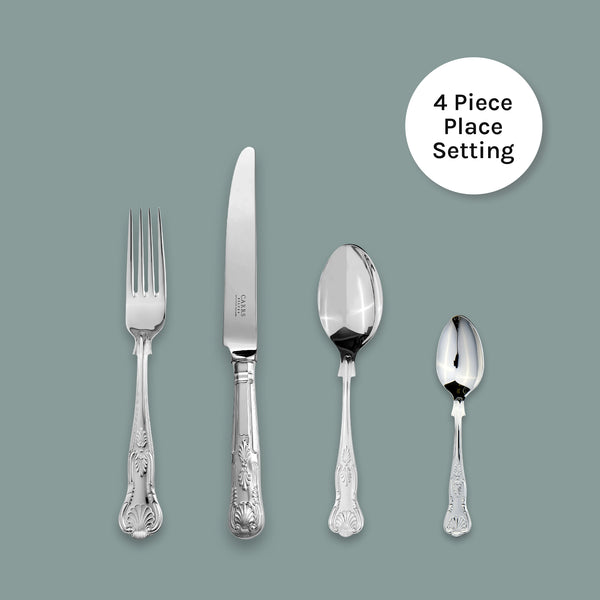 EB London Kings Collection 4-piece cutlery set in sterling silver, hallmarked, includes table fork 206mm, table knife 245mm, dessert spoon 182mm, tea spoon 139mm
