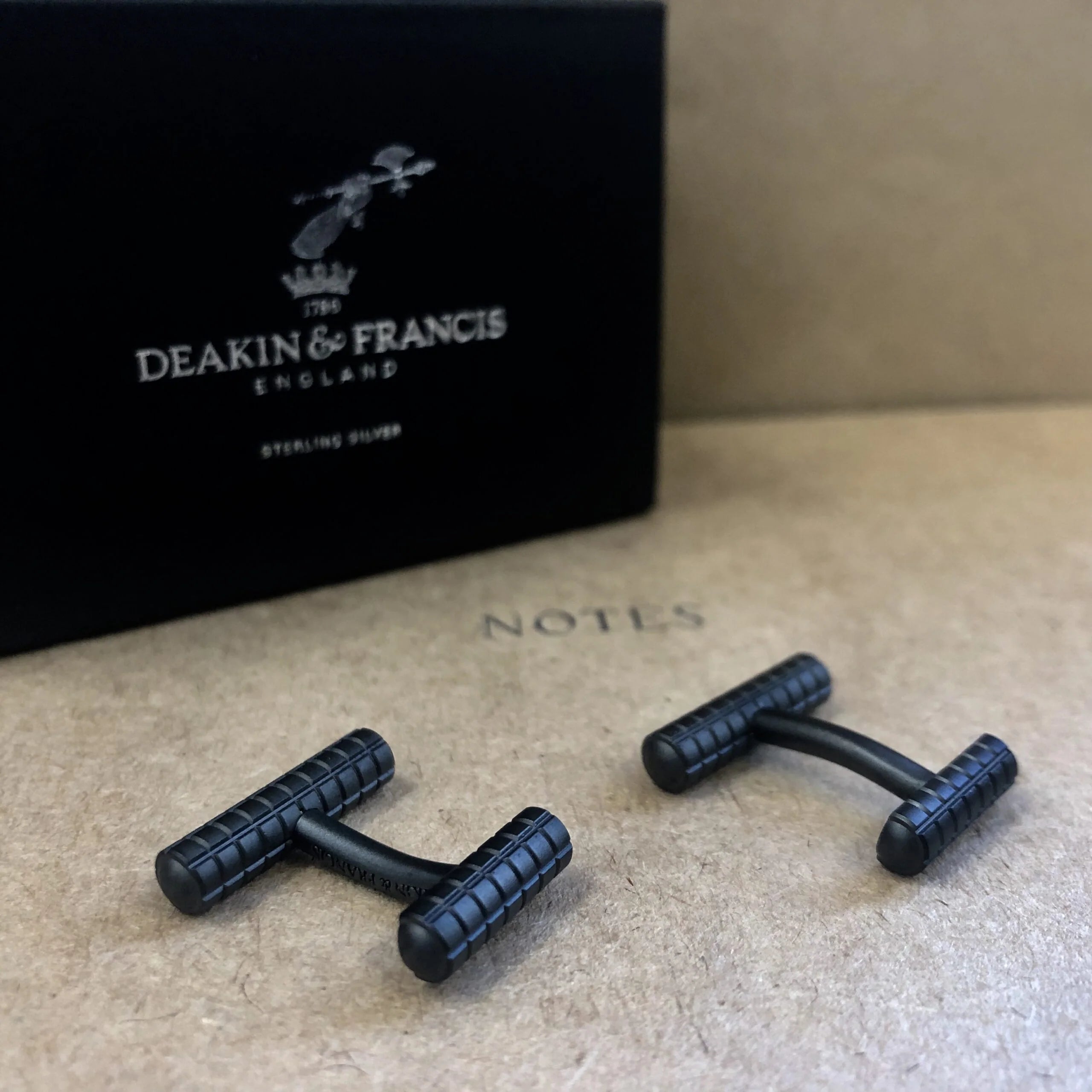 Deakin & Francis knurl cufflinks in matte black finish, precision-made on CNC lathe in Birmingham, at EB London