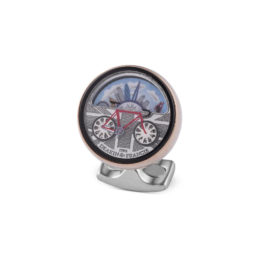 London moving scene cufflinks with spinning bicycle wheels by Deakin & Francis at EB London