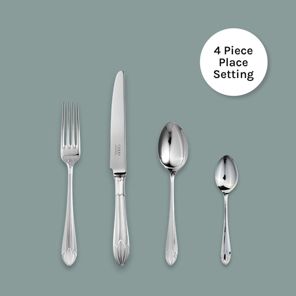 EB London Lotus 4-Piece Cutlery Set in sterling silver, hallmarked, includes table fork 206mm, table knife 245mm, dessert spoon 182mm, tea spoon 139mm