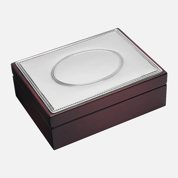EB London by Carrs Silver sterling silver beaded lid keepsake box with mahogany base, hallmarked, medium 16 x 12 x 5 cm