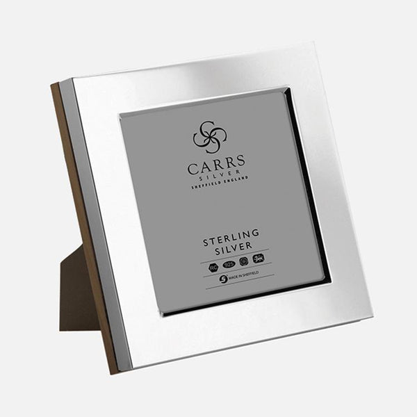 Carrs Silver sterling silver plain flat border photo frame with mahogany finish back, British hallmarked, 8 cm × 8 cm