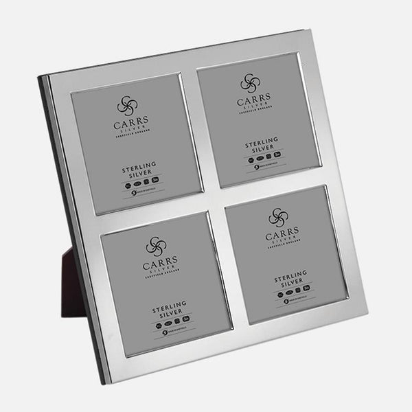 Carrs Silver sterling silver quadruple aperture photo frame with flat border, mahogany back, hallmarked, 6 x 6 cm apertures