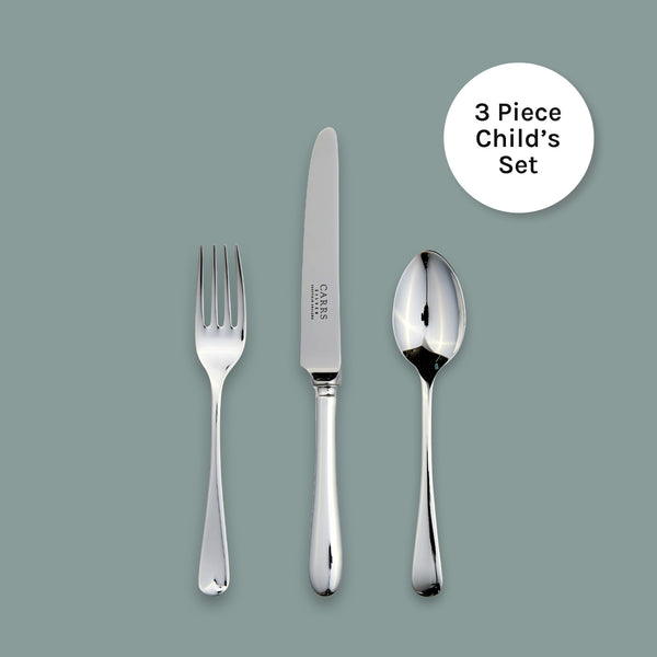 Carrs Silver Old English child’s cutlery set in sterling silver, knife, fork and spoon, polished finish, hallmarked, 188mm/136mm/140mm
