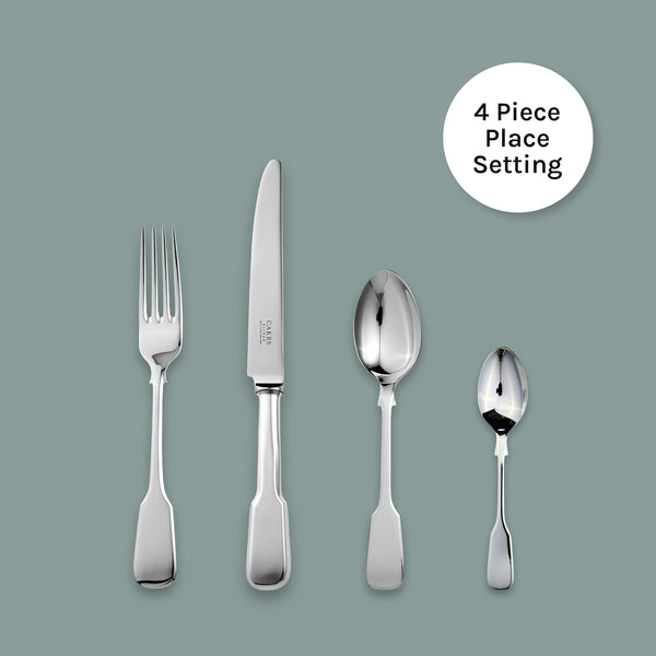 EB London Carrs Silver Plain Fiddle 4-Piece cutlery set in sterling silver, hallmarked, table fork 206mm, table knife 245mm, dessert spoon 182mm, tea spoon 139mm