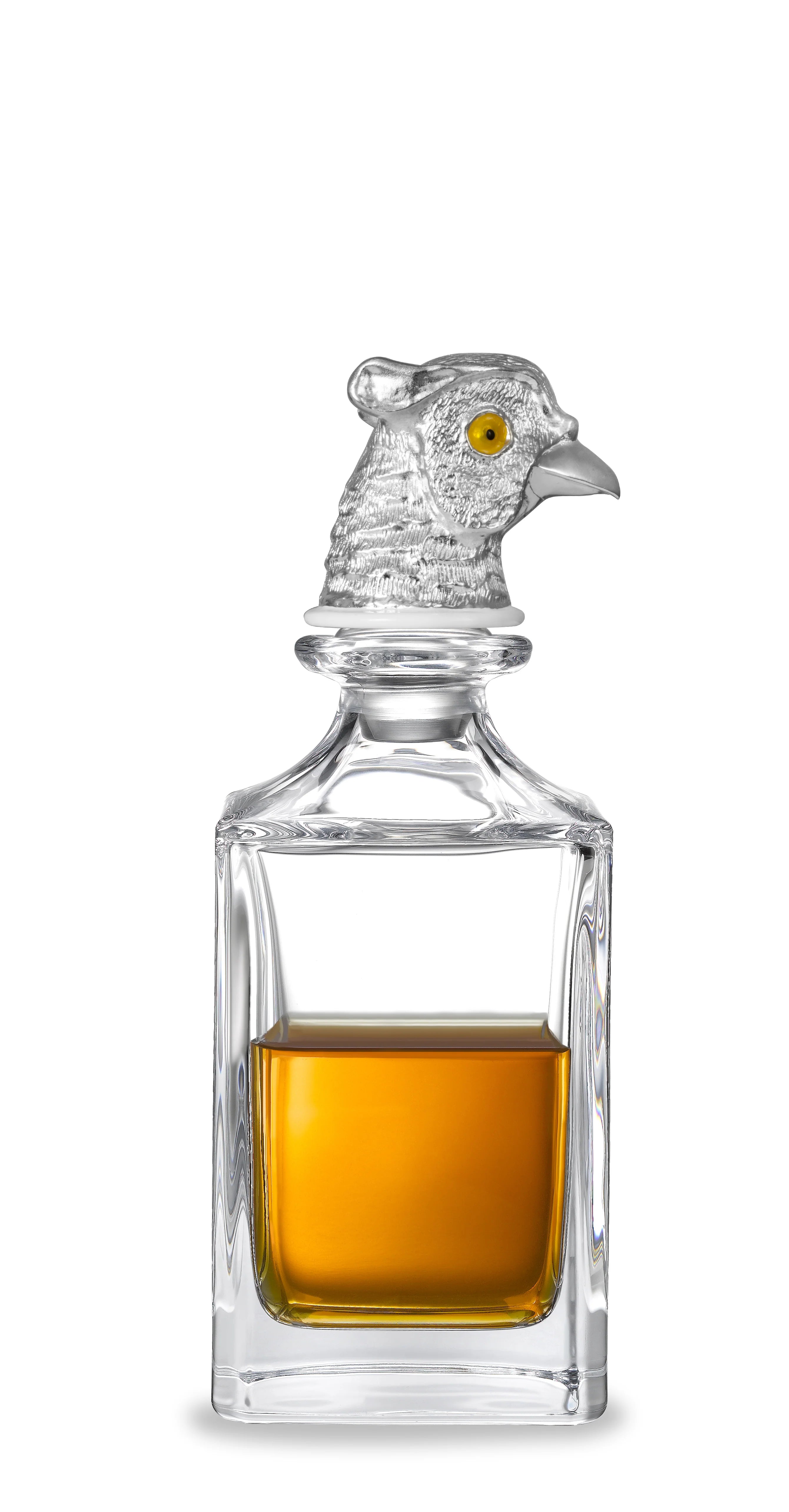 glass decanter with metal-plated pheasant head stopper and yellow eyes by Deakin & Francis at EB London