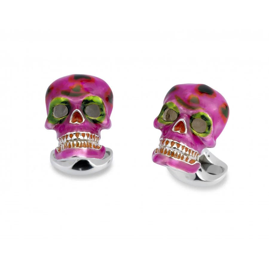 Pink and Green Day of the Dead Sterling Silver Skull Cufflinks – Deakin & Francis - EB London