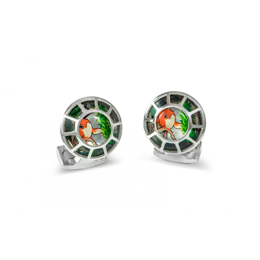 Deakin & Francis porthole cufflinks with brightly coloured fish, handcrafted in Birmingham, at EB London