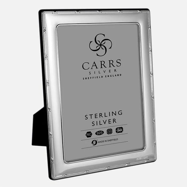 Carrs Silver sterling silver reed and ribbon photo frame with mahogany finish back, British hallmarked, portrait and landscape display