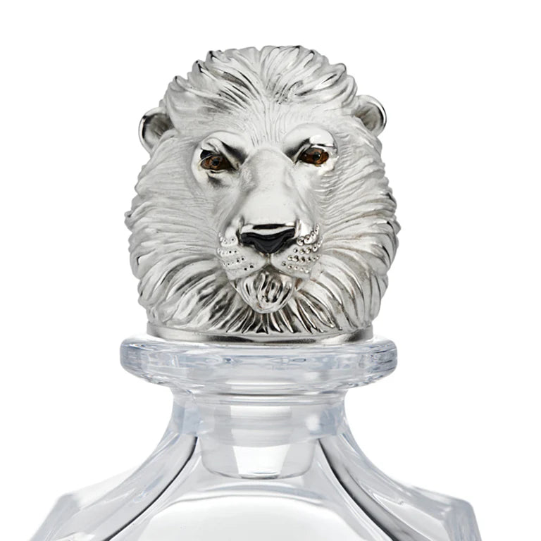 Deakin & Francis crystal glass decanter with silver finish lion head stopper, Dartington glass Birmingham-made stopper, available at EB London