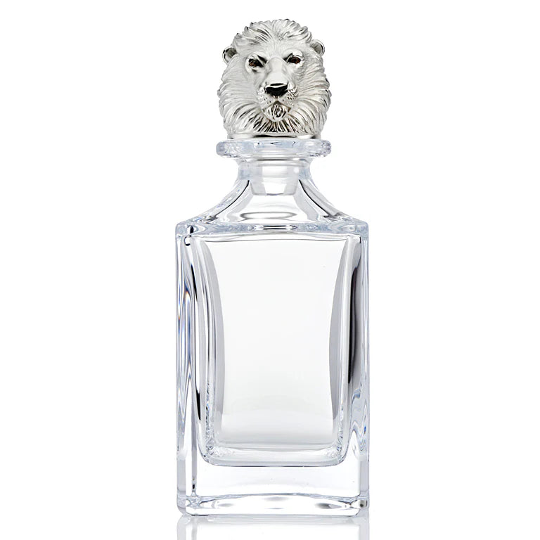 Deakin & Francis crystal glass decanter with silver finish lion head stopper, Dartington glass with Birmingham-made stopper, available at EB London