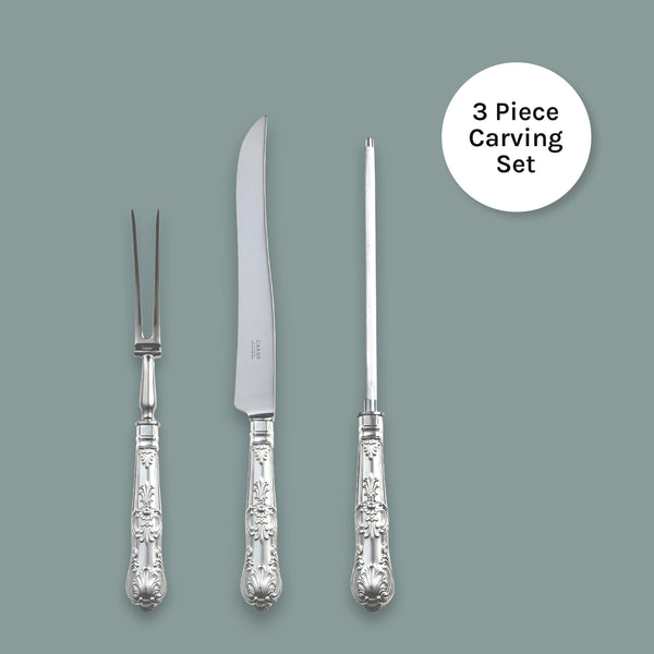 Carrs Silver Queens carving set with ornate sterling silver handles, hallmarked, includes carving knife, fork and steel, 353mm knife, 285mm fork, 338mm steel