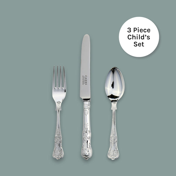 EB London Carrs Silver Queens Collection child cutlery set, sterling silver, hallmarked, includes knife, fork, and spoon, 188mm/136mm/140mm
