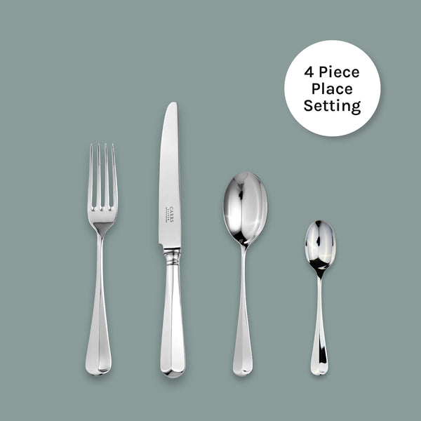EB London Rattail 4-piece cutlery set in sterling silver, including table fork 206mm, table knife 245mm, dessert spoon 182mm and tea spoon 139mm, polished finish, hallmarked