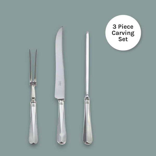 EB London by Carrs Silver Rattail carving set in sterling silver, hallmarked, includes knife, fork and carving steel, polished finish, 353mm knife, 285mm fork, 338mm steel