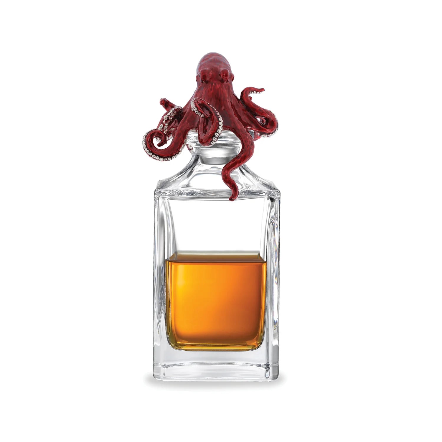 Deakin & Francis crystal glass decanter with bright red enamel octopus stopper, Dartington glass with Birmingham-made stopper, available at EB London