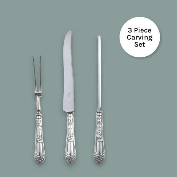 Carrs Silver La Régence carving set with ornate regency-inspired handles, sterling silver or silver plated, hallmarked, includes carving knife, fork and steel, 353mm knife, 285mm fork, 338mm steel