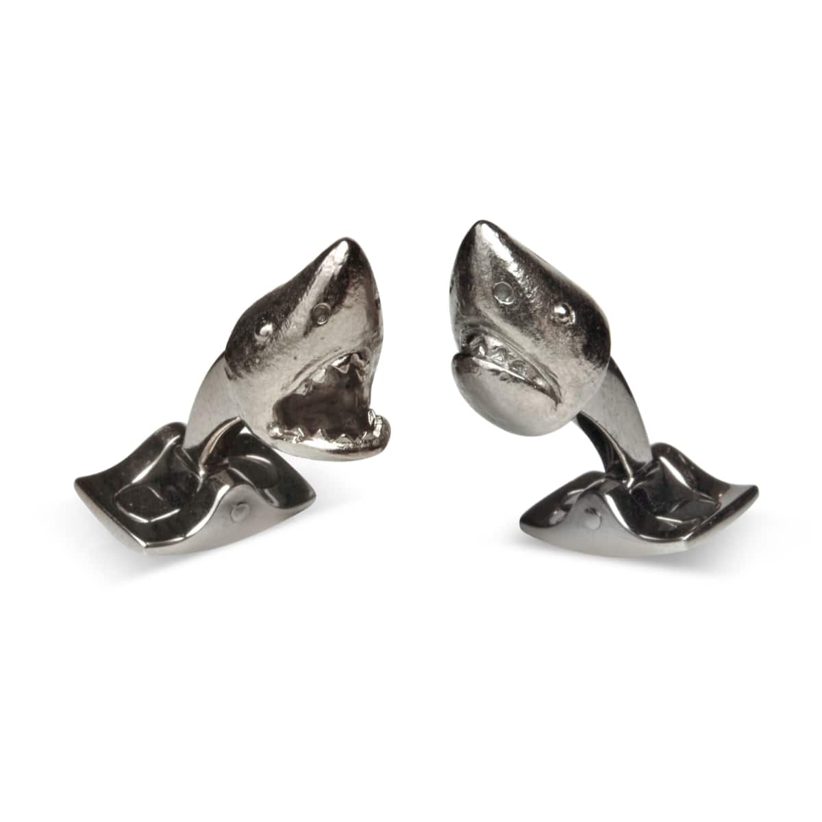 Rhodium shark head cufflinks with dark grey finish and contrasting open and closed mouth design by Deakin & Francis at EB London