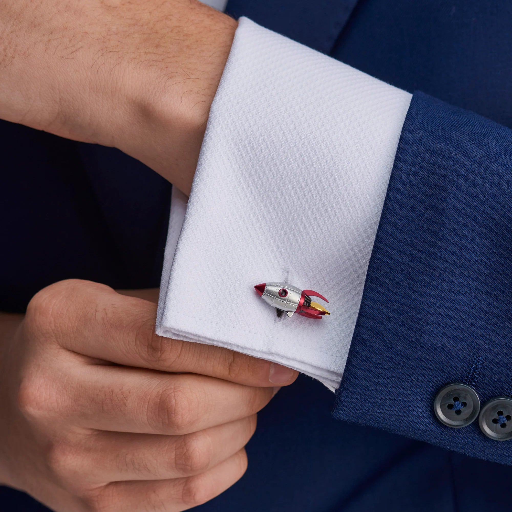 Rocket cufflinks hand-enamelled yellow flame and red detailing by Deakin & Francis at EB London