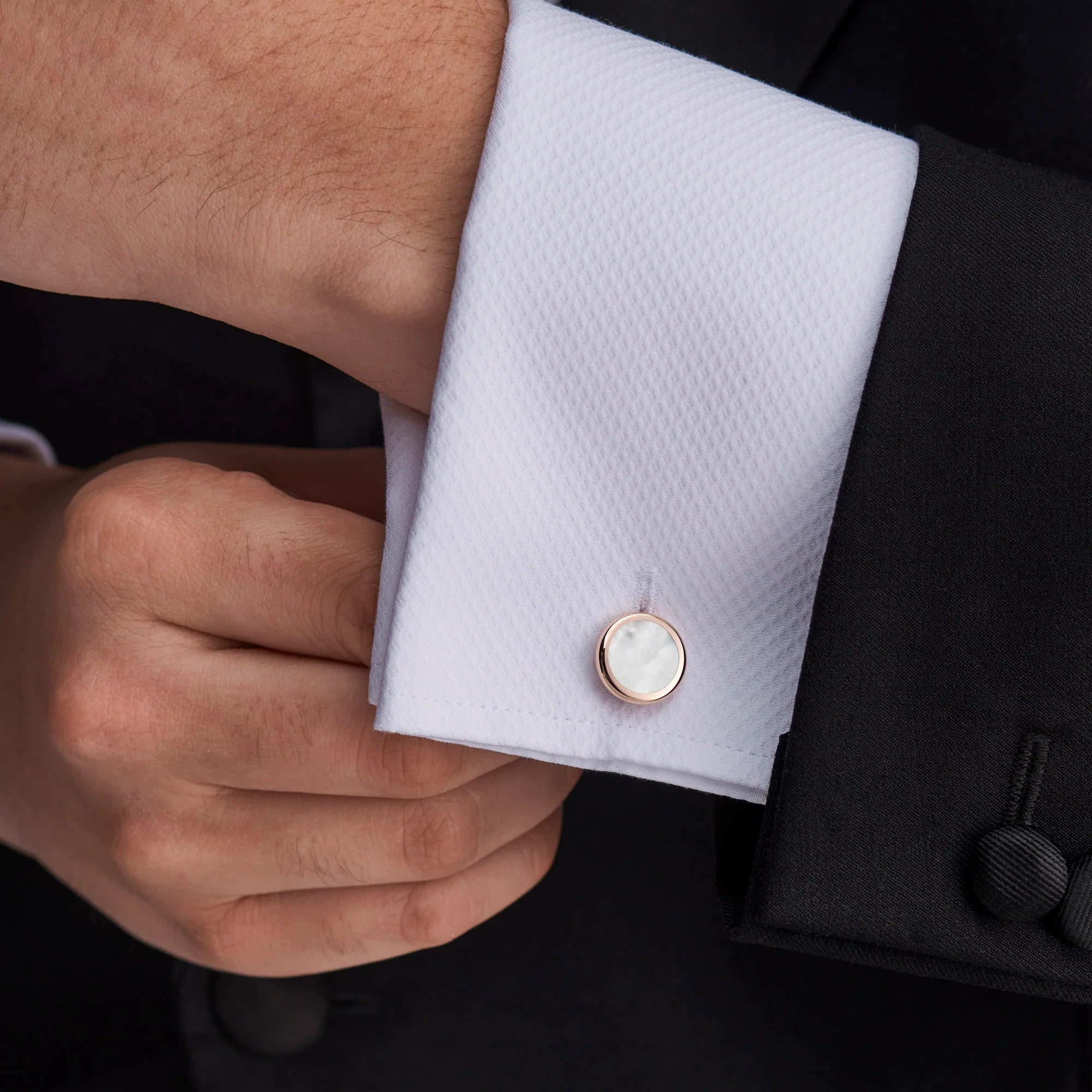 Rose Gold Sterling Silver Round Cufflinks with Hand - Cut Mother - of - Pearl Inlay - Deakin & Francis - EB London