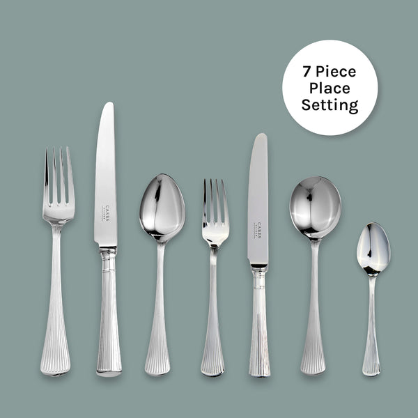 EB London Sandalwood 7 Piece Cutlery Set by Carrs Silver, hallmarked sterling silver, polished finish, includes table, dessert, soup, and tea pieces