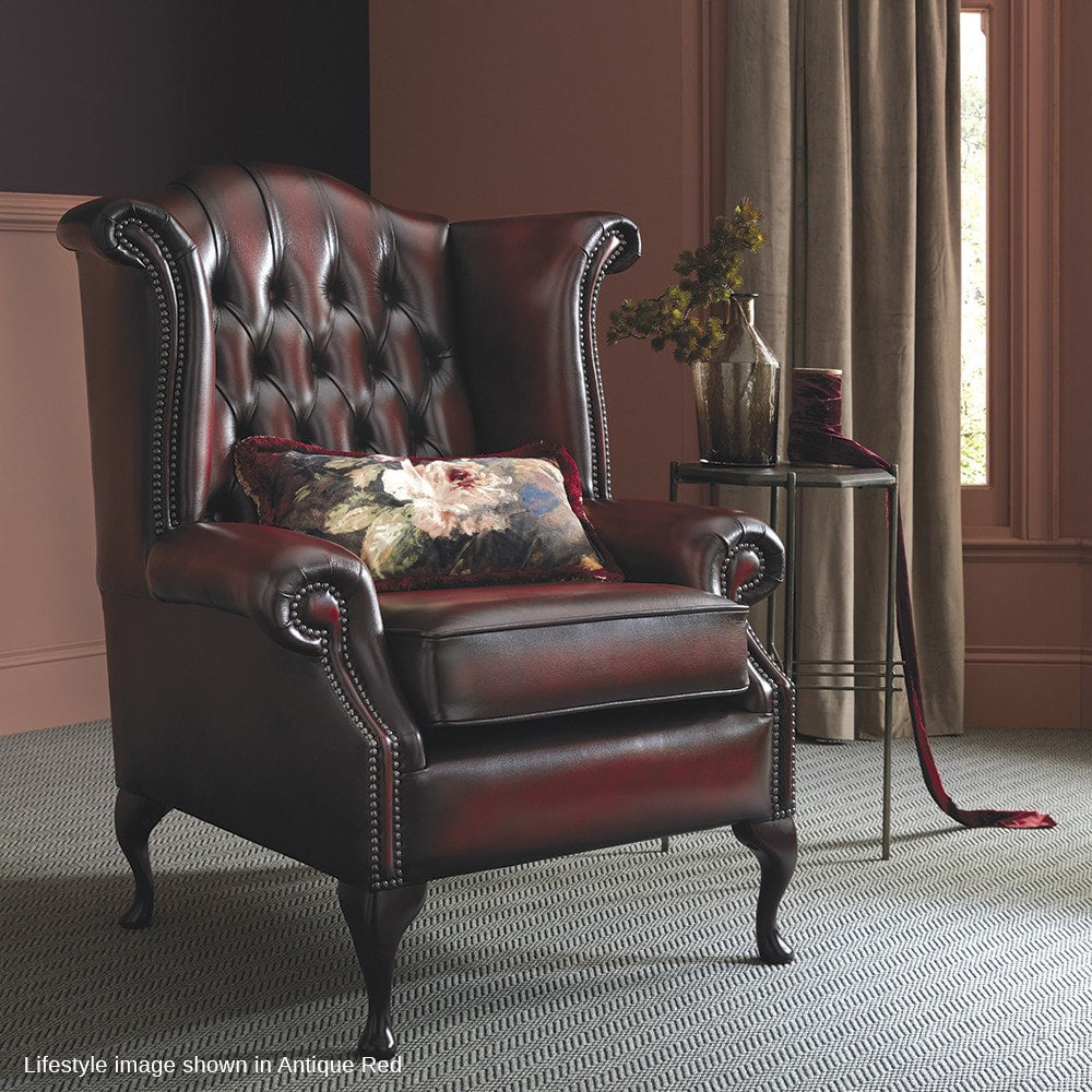 Sofas by Saxon – Heritage Scroll Chair – Hand-Burnished Leather – antique red