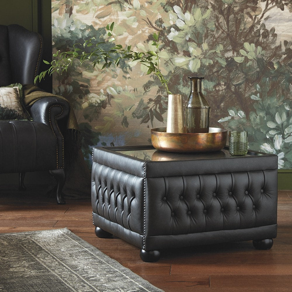 Sofa by Saxon - Buttoned Pouffe Table - Hand-Burnished Leather - EB London