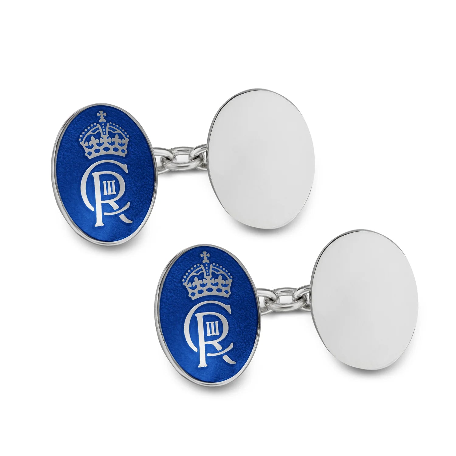 Luxury Sterling Silver Enamel And Plain Oval Chain Link Coronation Cufflinks - Blue - Deakin & Francis | EB London