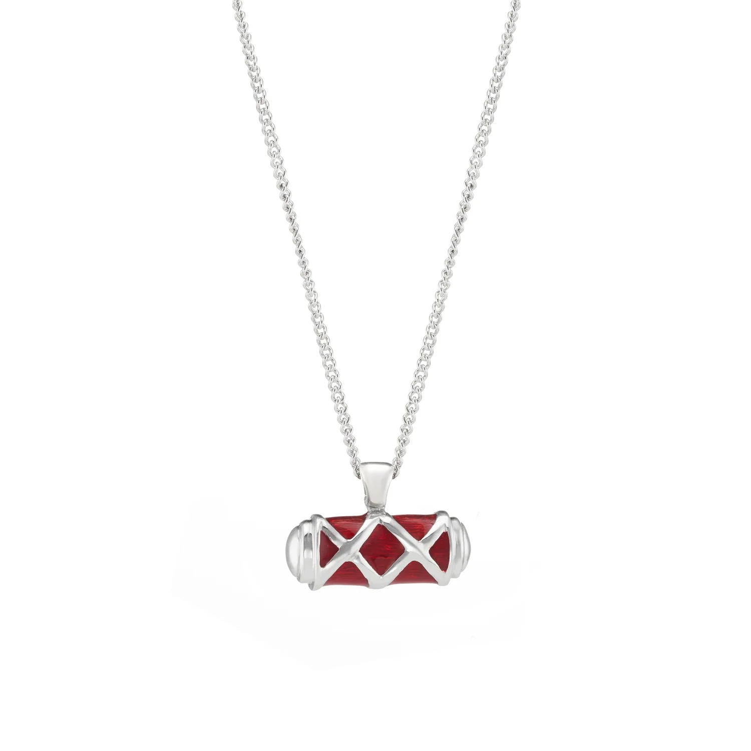 Sterling silver criss cross bar pendant with hand-enamelled red enamel by Deakin & Francis at EB London