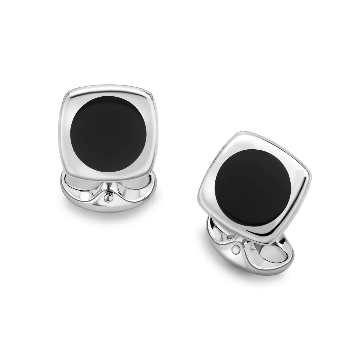 Sterling silver cushion shape cufflinks with round black onyx inlay by Deakin & Francis at EB London