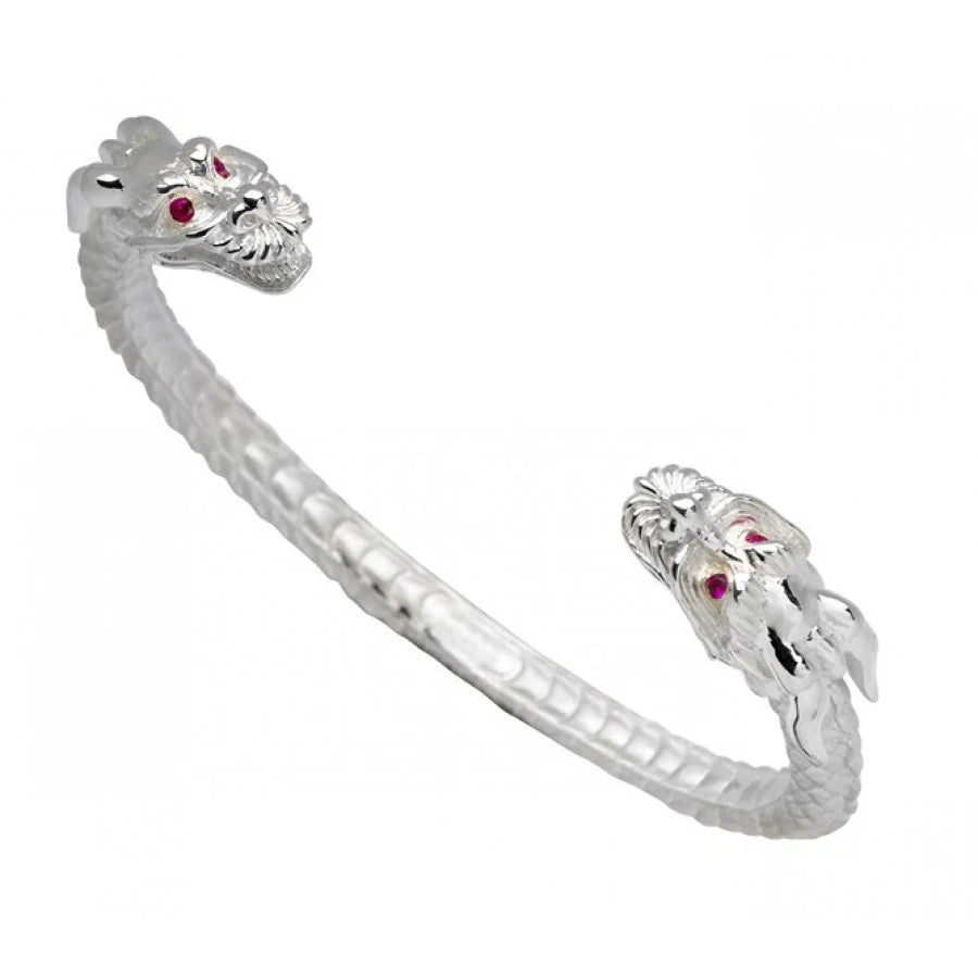 Sterling silver dragon bangle with red ruby eyes and textured detailing by Deakin & Francis at EB London