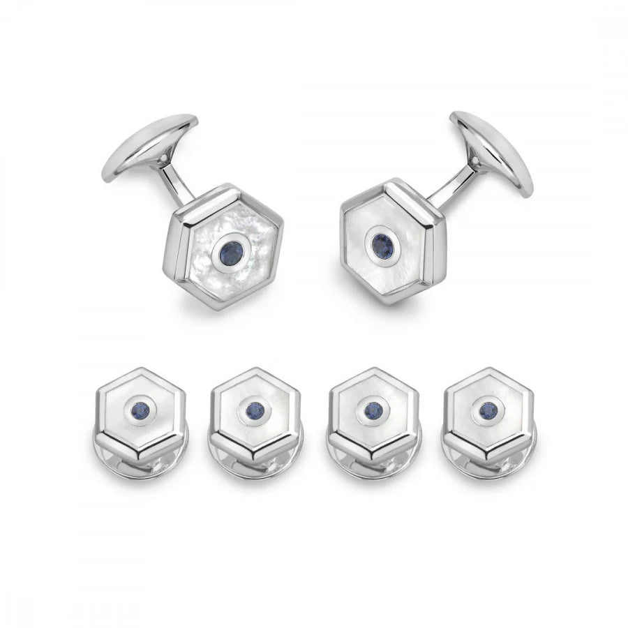 Sterling silver hexagonal dress set with hand-cut mother-of-pearl and sapphire by Deakin & Francis at EB London