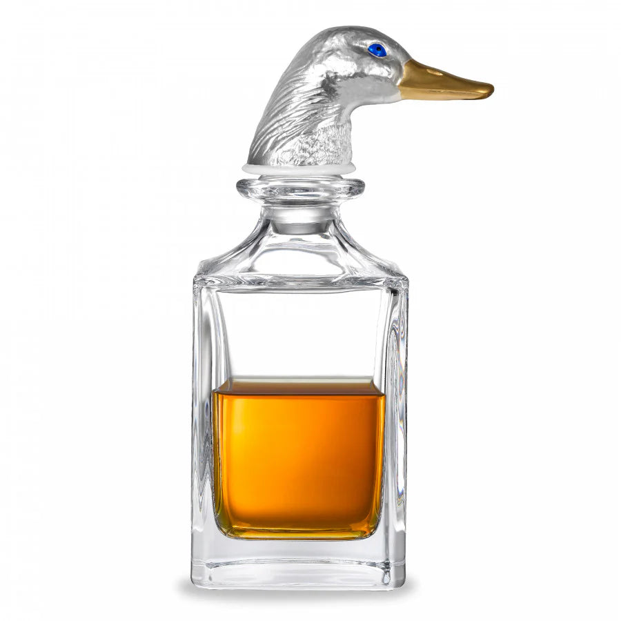 glass decanter with silver duck head stopper, gold beak and blue enamel eyes by Deakin & Francis at EB London