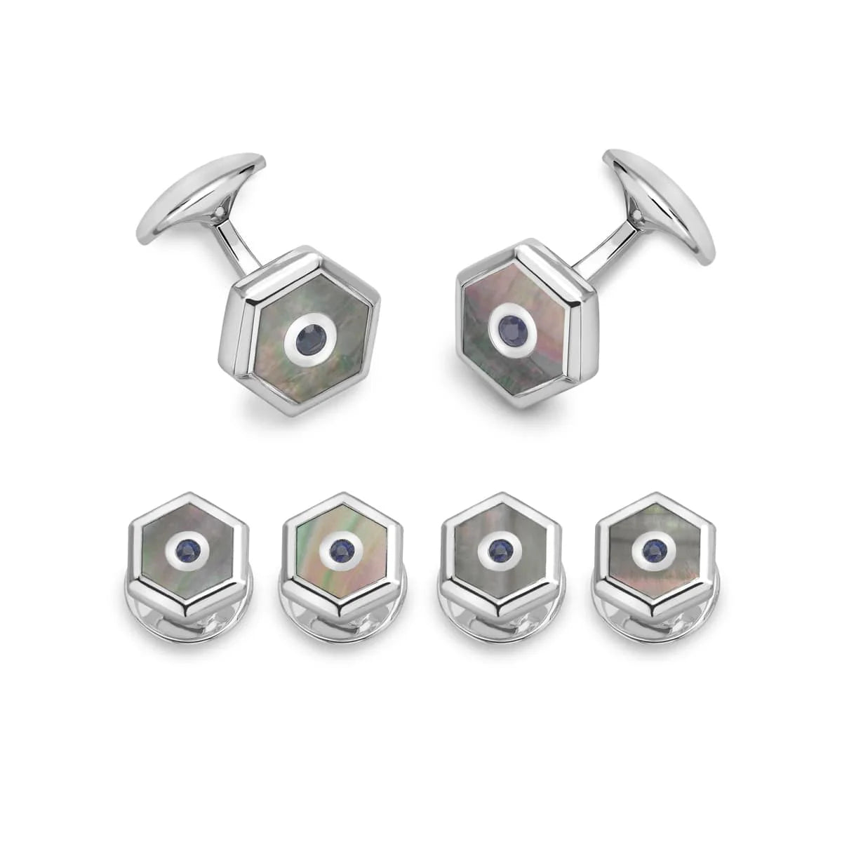 Sterling silver hexagonal dress set with grey mother-of-pearl and sapphire centre by Deakin & Francis at EB London