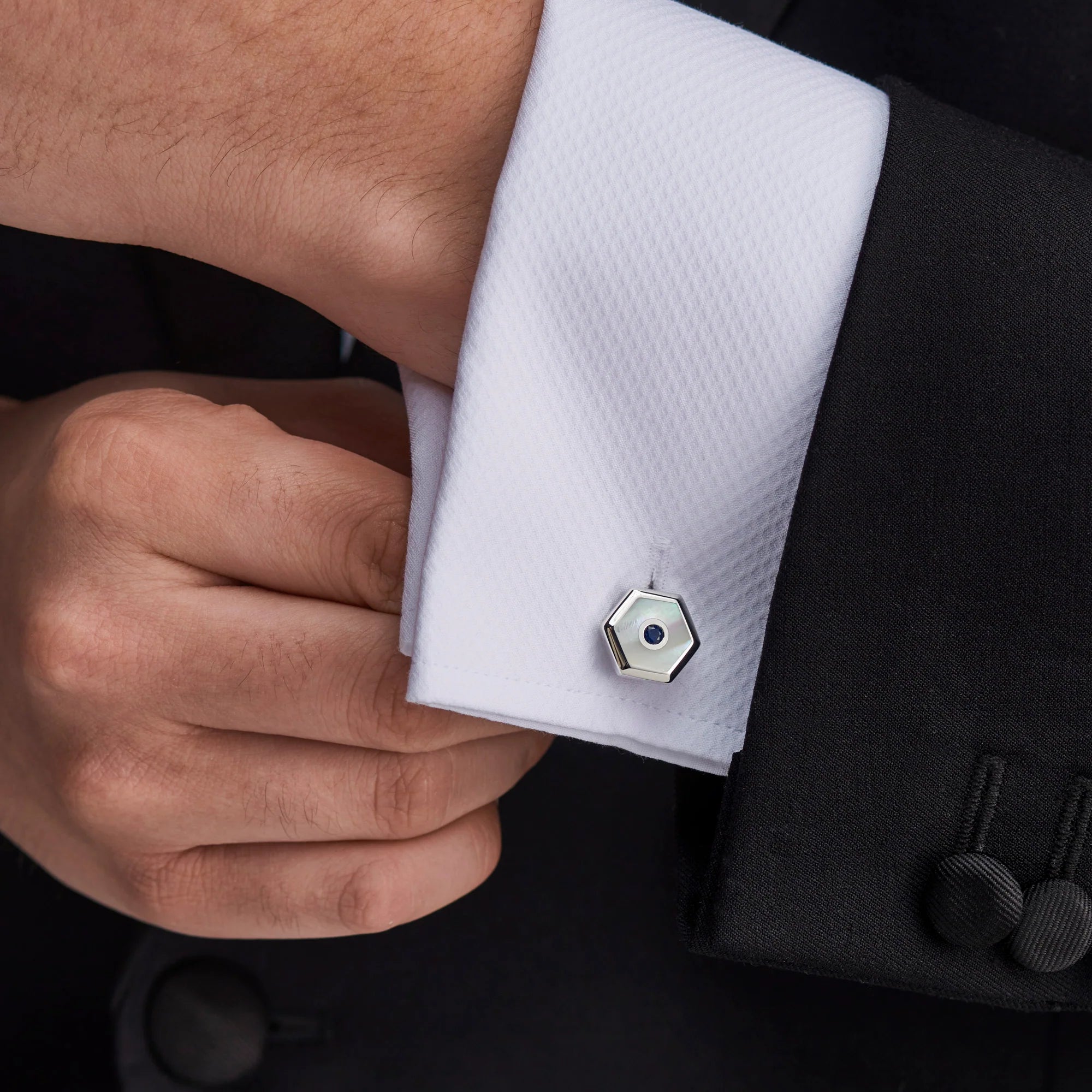 Sterling Silver Hexagonal Cufflinks with White Mother-of-Pearl and Sapphire – Deakin & Francis
